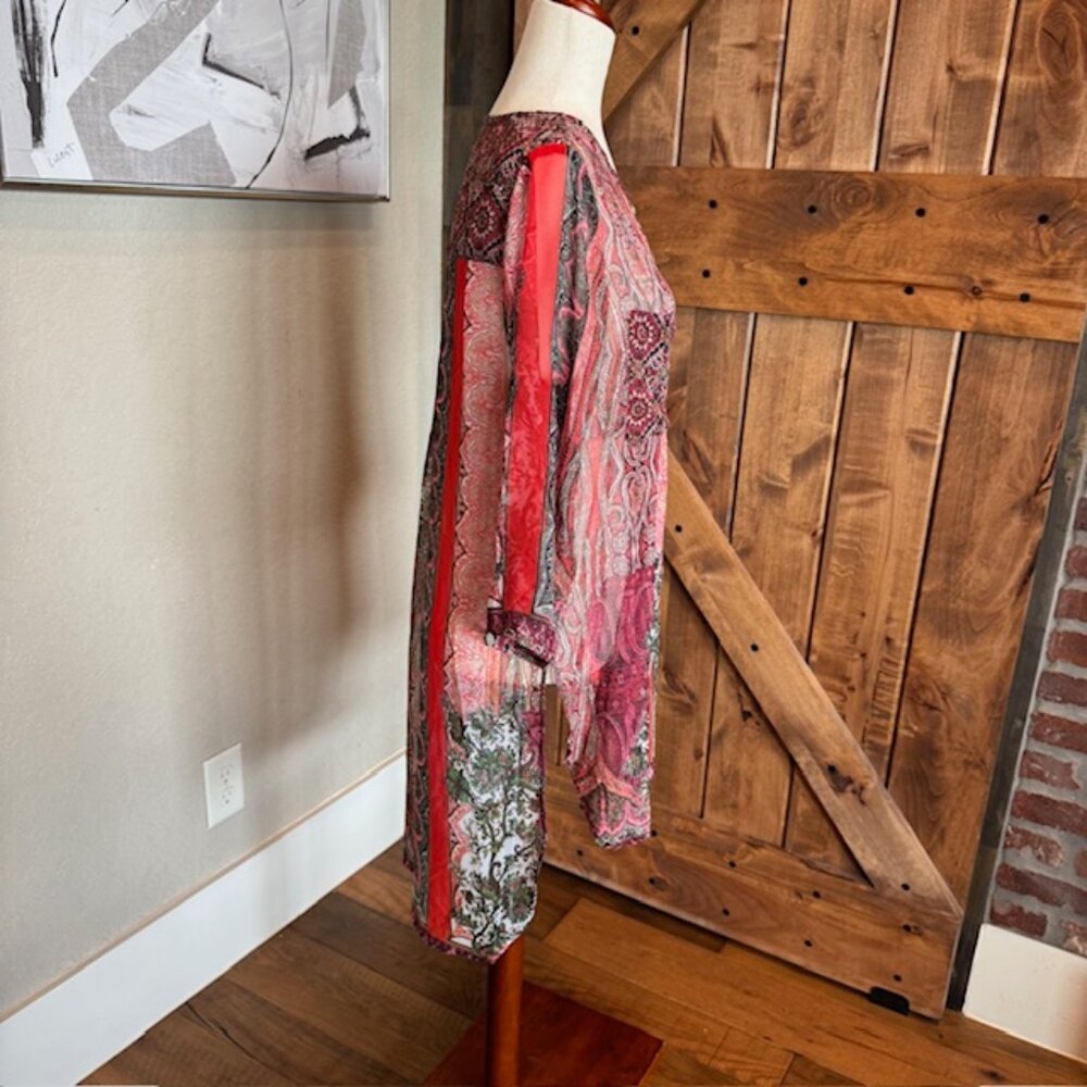Fig and Flower Sheer Boho Tunic Blouse Paisley Patchwork Print Size L - Picture 5 of 12